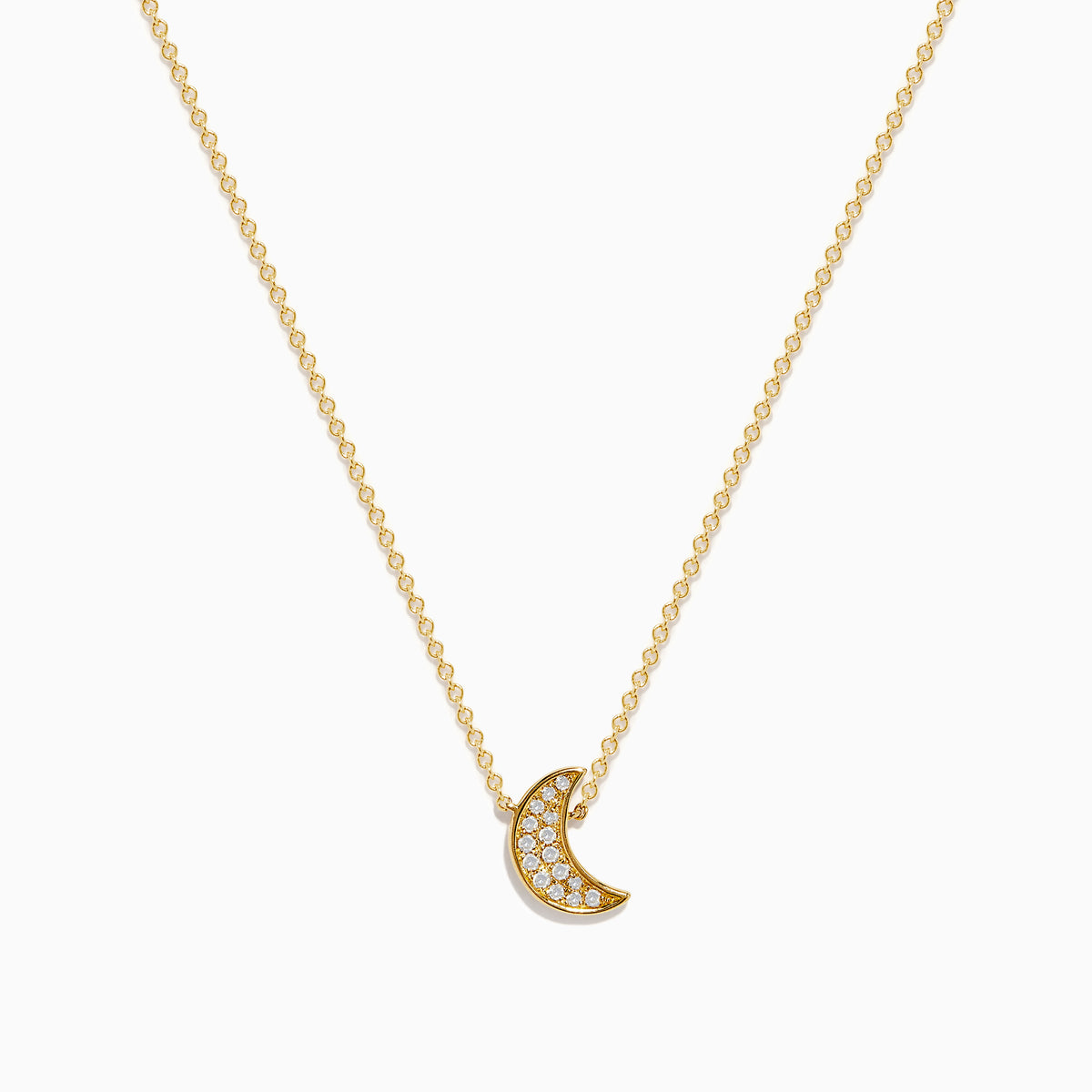 The 925 Gold Plated Sterling Silver Diamond Crescent Moon Pendant features a delicate gold chain and a crescent moon adorned with sparkling diamonds, shown against a plain white background.