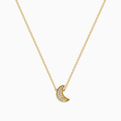 The 925 Gold Plated Sterling Silver Diamond Crescent Moon Pendant features a delicate gold chain and a crescent moon adorned with sparkling diamonds, shown against a plain white background.