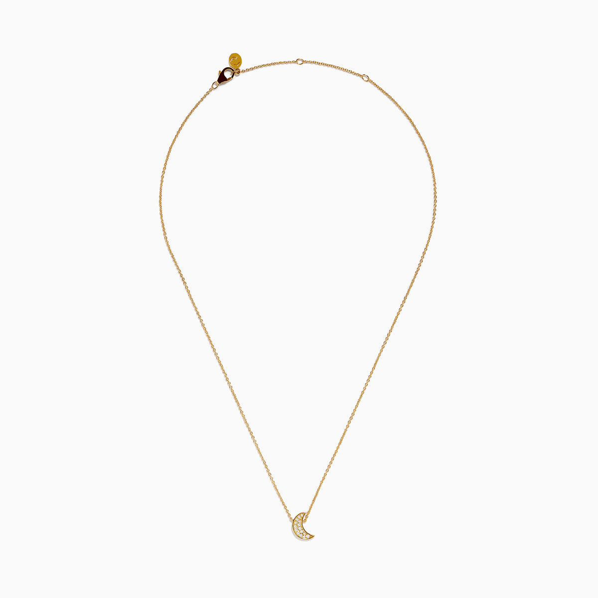 The 925 Gold Plated Sterling Silver Diamond Crescent Moon Pendant features a delicate gold chain and a crescent moon adorned with sparkling diamonds, shown against a plain white background.