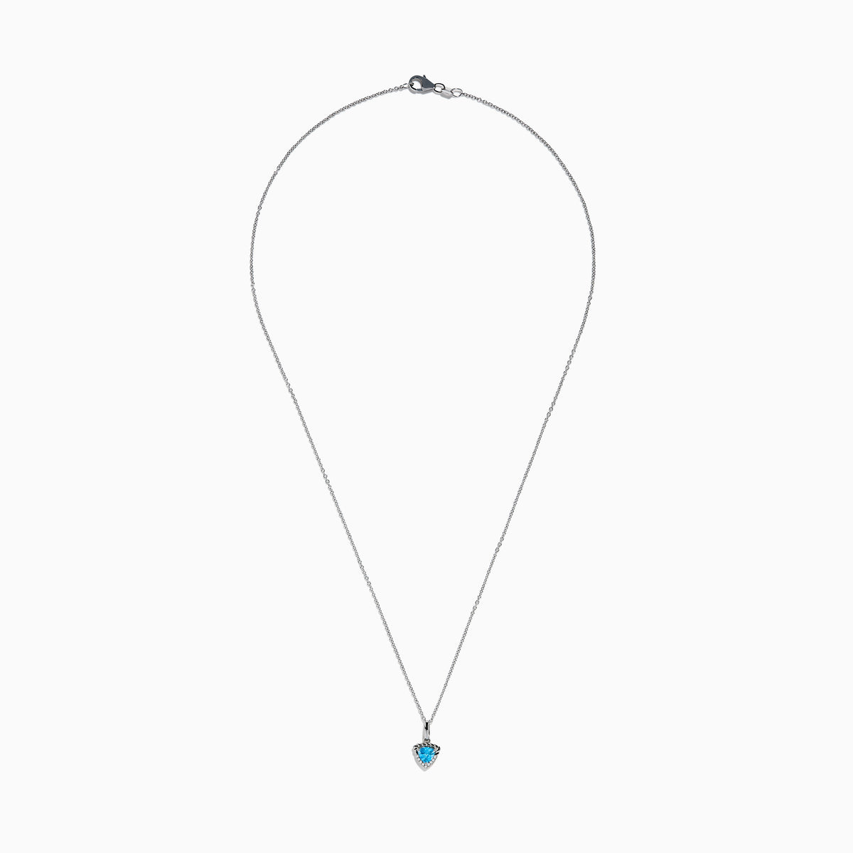 A 925 Sterling Silver Blue Topaz and Diamond Pendant, featuring a triangular blue topaz surrounded by sparkling diamonds, displayed on a white background.