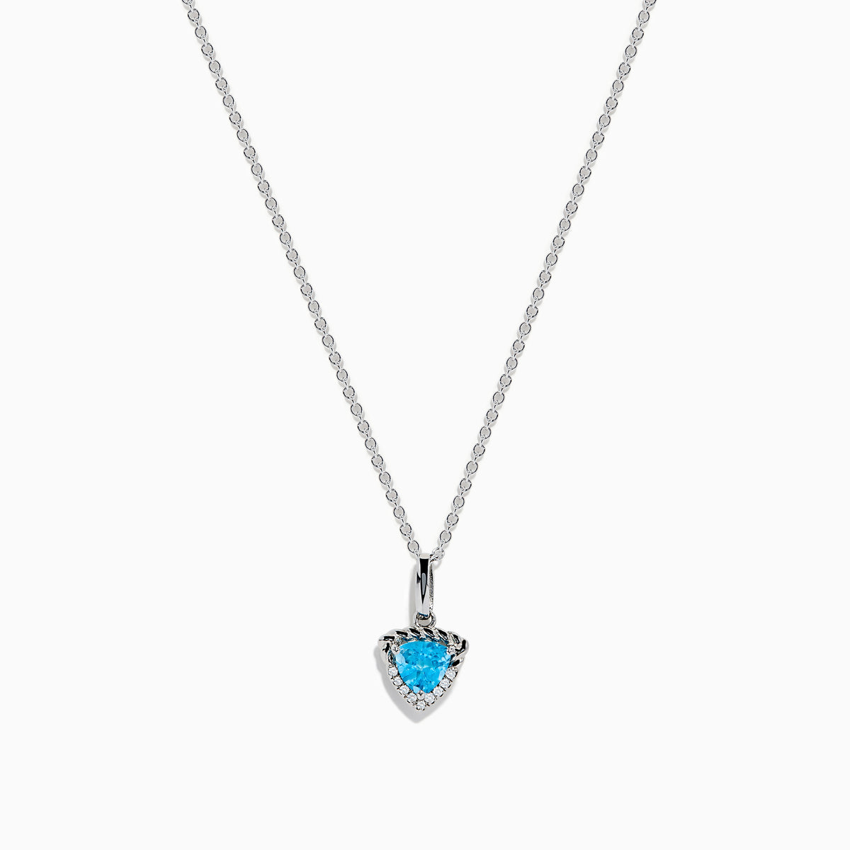 A 925 Sterling Silver Blue Topaz and Diamond Pendant, featuring a triangular blue topaz surrounded by sparkling diamonds, displayed on a white background.