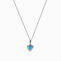 A 925 Sterling Silver Blue Topaz and Diamond Pendant, featuring a triangular blue topaz surrounded by sparkling diamonds, displayed on a white background.