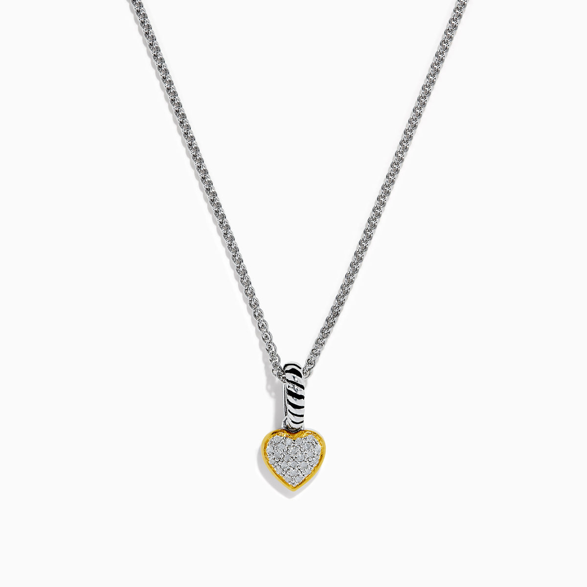 The 925 Sterling Silver and 18K Yellow Gold Diamond Heart Pendant features a heart-shaped design with a yellow gold border, sparkling diamond center, and a bail accented by striking black and white stripes.
