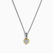 The 925 Sterling Silver and 18K Yellow Gold Diamond Heart Pendant features a heart-shaped design with a yellow gold border, sparkling diamond center, and a bail accented by striking black and white stripes.