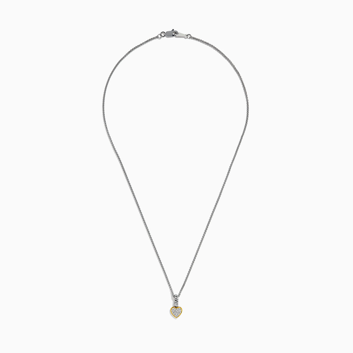 The 925 Sterling Silver and 18K Yellow Gold Diamond Heart Pendant features a heart-shaped design with a yellow gold border, sparkling diamond center, and a bail accented by striking black and white stripes.