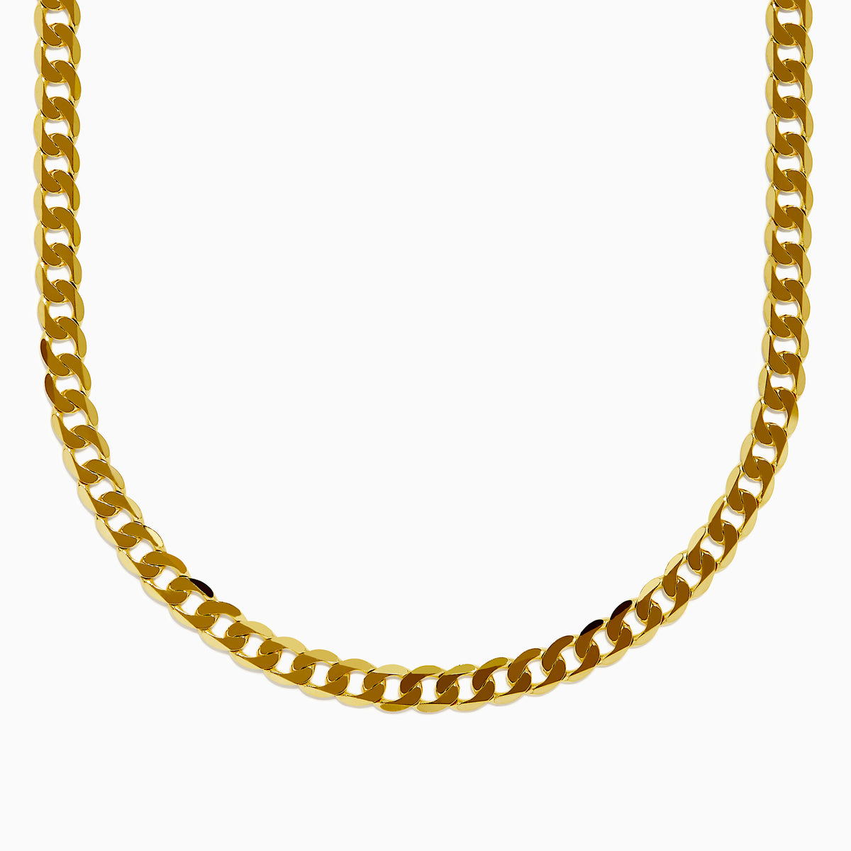 A close-up of the Mens 14K Yellow Gold Solid Curb Links Chain, showcasing its thick, flat interlocking links in yellow gold against a white background.