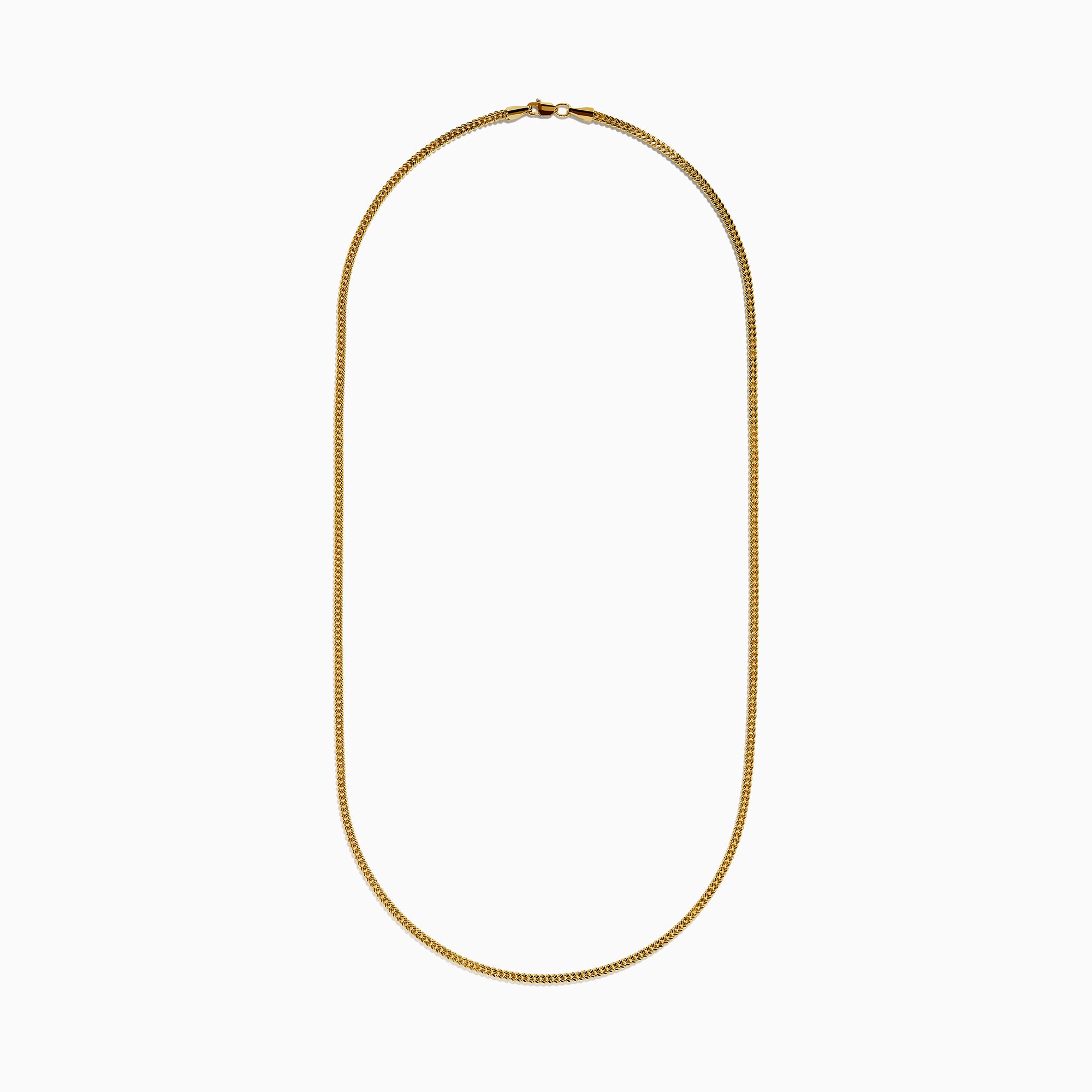 The Men's 14K Yellow Gold Hollow Franco Necklace features an intricate pattern and polished finish, forming a wide U-shape against a white background.