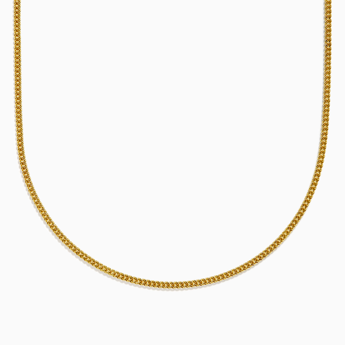 The Men's 14K Yellow Gold Hollow Franco Necklace features an intricate pattern and polished finish, forming a wide U-shape against a white background.