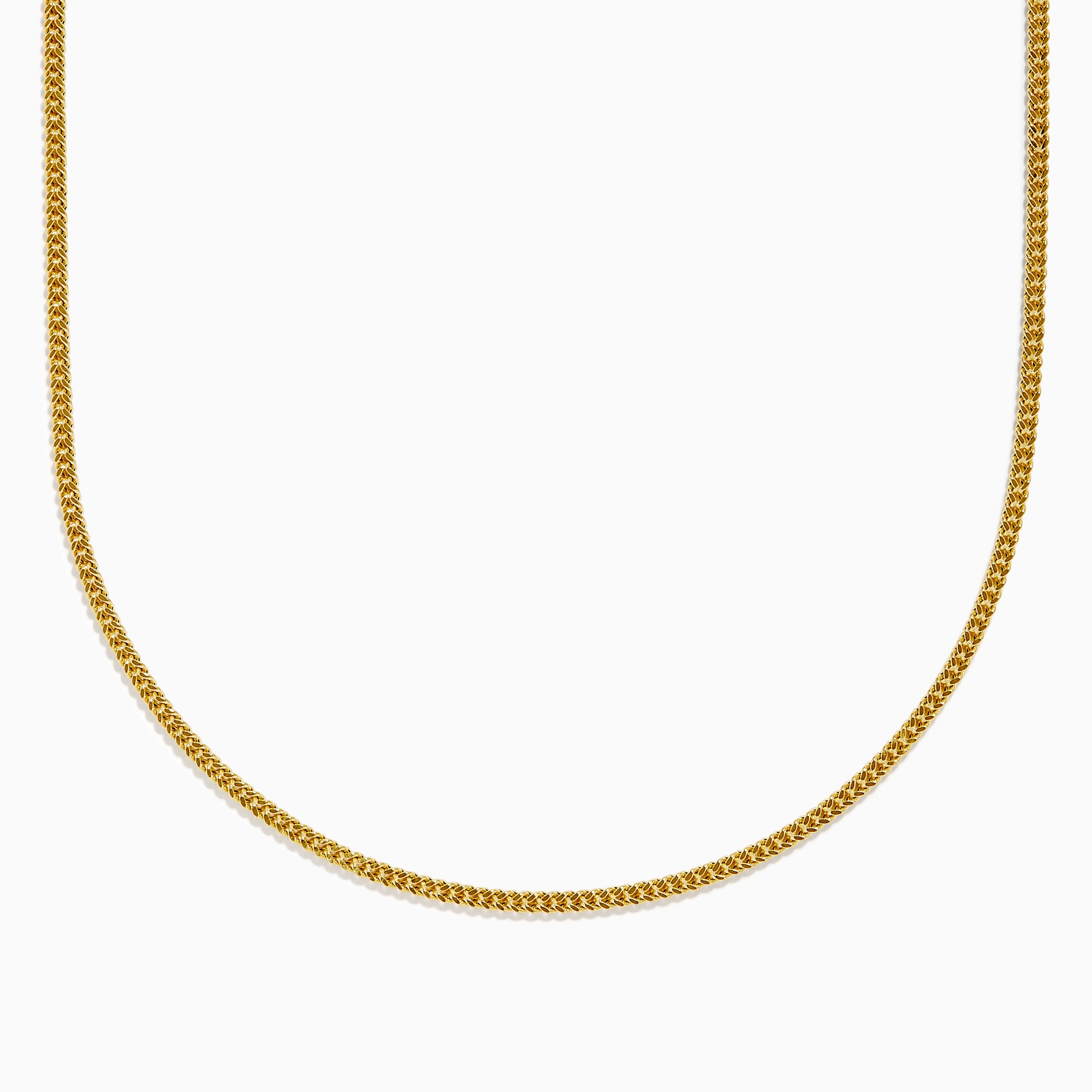 The Men's 14K Yellow Gold Hollow Franco Necklace features an intricate pattern and polished finish, forming a wide U-shape against a white background.