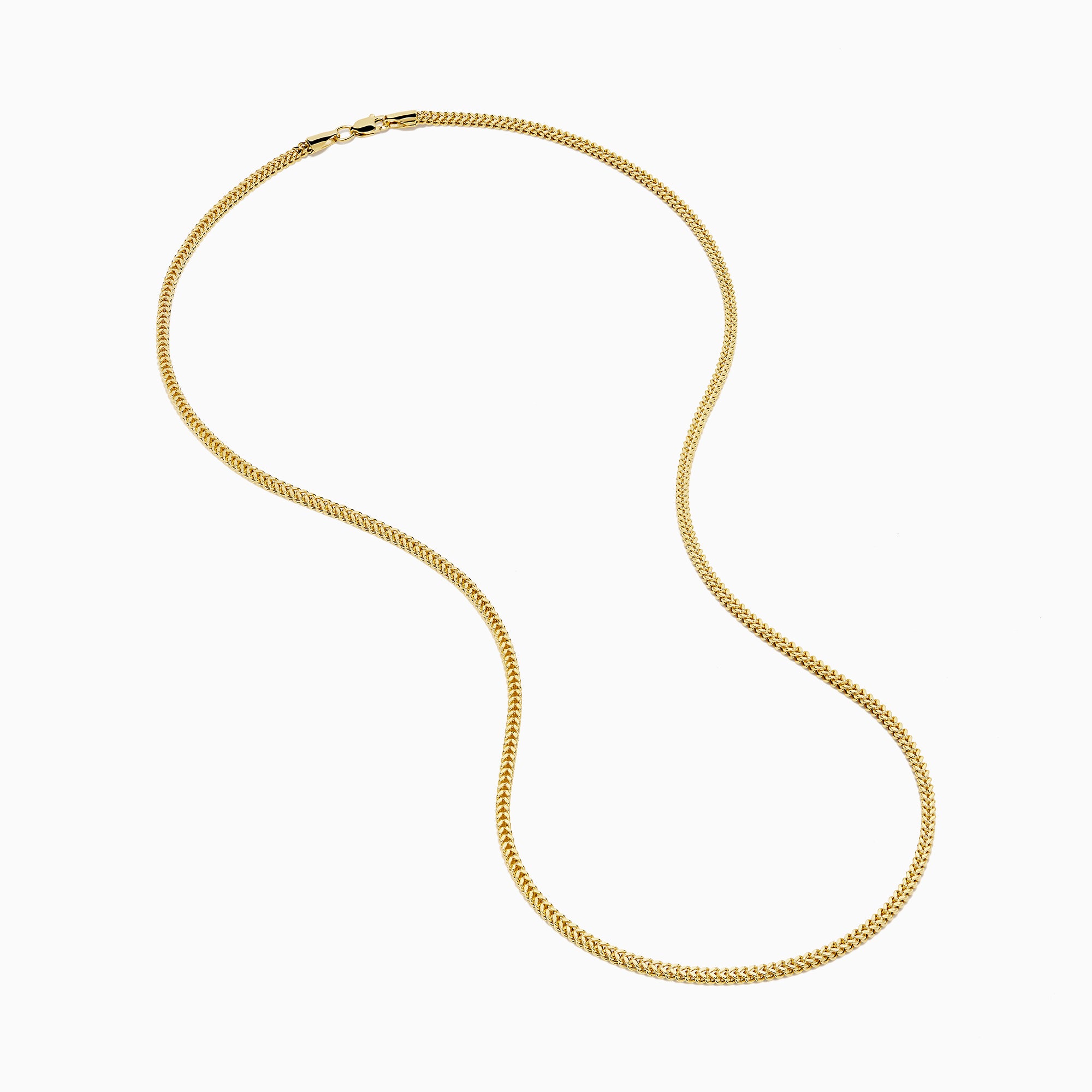 The Men's 14K Yellow Gold Hollow Franco Necklace features an intricate pattern and polished finish, forming a wide U-shape against a white background.