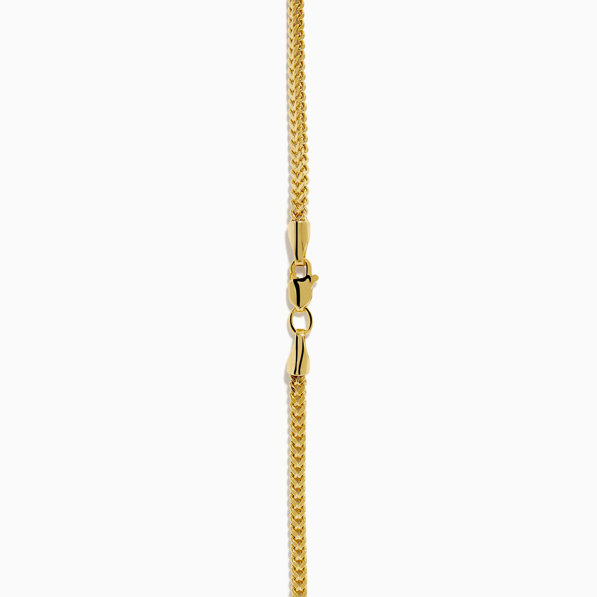 The Men's 14K Yellow Gold Hollow Franco Necklace features an intricate pattern and polished finish, forming a wide U-shape against a white background.