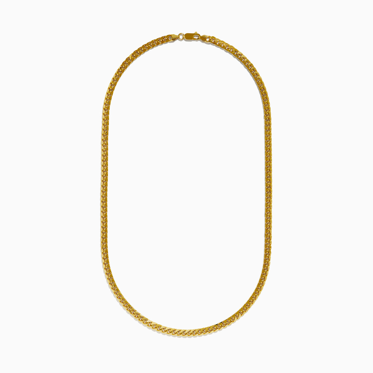 A close-up image of the Mens 14K Yellow Gold 20 Solid Cuban Domed Chain, featuring a flat, intricate link pattern and displayed in a U-shape against a plain white background.