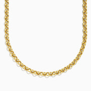 A close-up of the 14K Yellow Gold 18 Hollow Rolo Chain, featuring round interlocking links, is shown on a white background with only the lower portion visible.