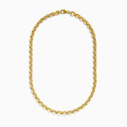 A close-up of the 14K Yellow Gold 18 Hollow Rolo Chain, featuring round interlocking links, is shown on a white background with only the lower portion visible.