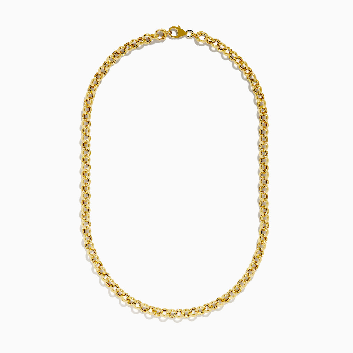 A close-up of the 14K Yellow Gold 18 Hollow Rolo Chain, featuring round interlocking links, is shown on a white background with only the lower portion visible.