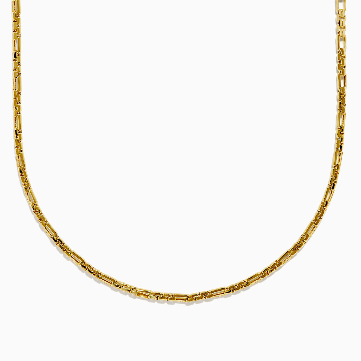 The 14K Yellow Gold 3mm Hollow Alternated Round Box 20 Necklace, displayed on a white background, features rectangular and cylindrical links for a refined touch of sophistication.