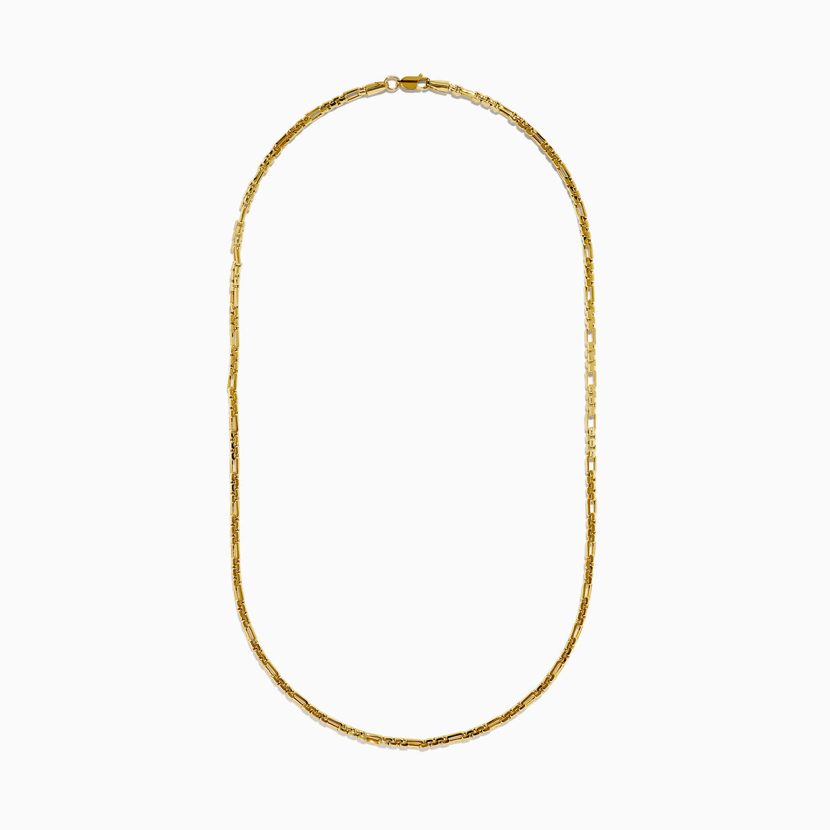 The 14K Yellow Gold 3mm Hollow Alternated Round Box 20 Necklace, displayed on a white background, features rectangular and cylindrical links for a refined touch of sophistication.