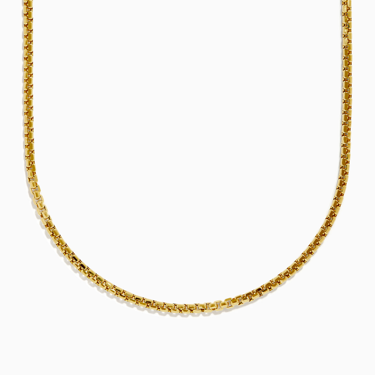 The Mens 14K Yellow Gold 22 Hollow Box Chain is shown against a white background, highlighting its fine, square links and smooth, polished finish.