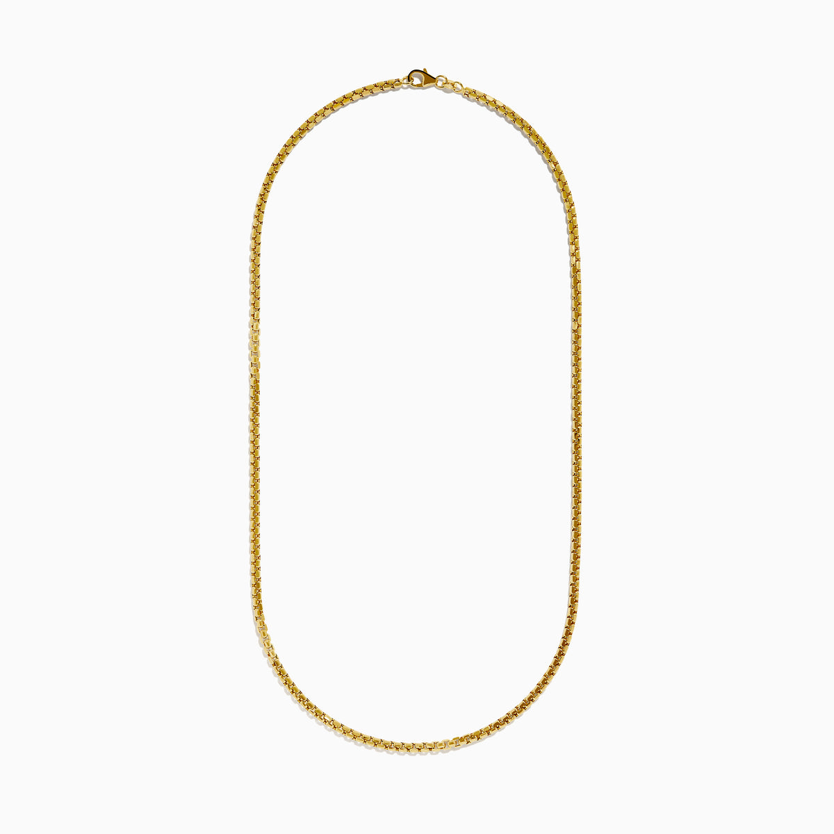 The Mens 14K Yellow Gold 22 Hollow Box Chain is shown against a white background, highlighting its fine, square links and smooth, polished finish.