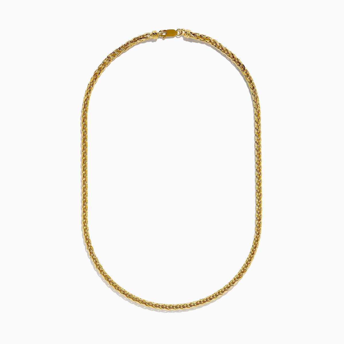 A 14K yellow gold 8 sided palmier chain necklace, 4mm in width and 18" long, is elegantly displayed in a gentle U-shape against a plain white background.