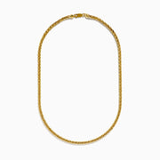A 14K yellow gold 8 sided palmier chain necklace, 4mm in width and 18" long, is elegantly displayed in a gentle U-shape against a plain white background.