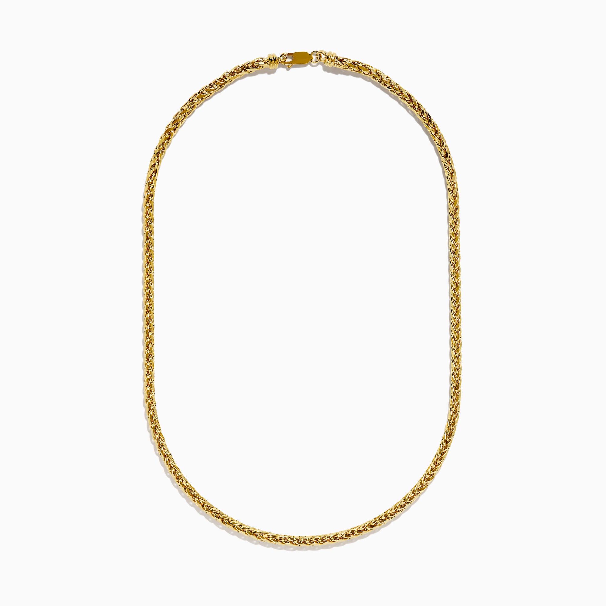 A 14K yellow gold 8 sided palmier chain necklace, 4mm in width and 18" long, is elegantly displayed in a gentle U-shape against a plain white background.