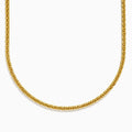 A 14K yellow gold 8 sided palmier chain necklace, 4mm in width and 18" long, is elegantly displayed in a gentle U-shape against a plain white background.