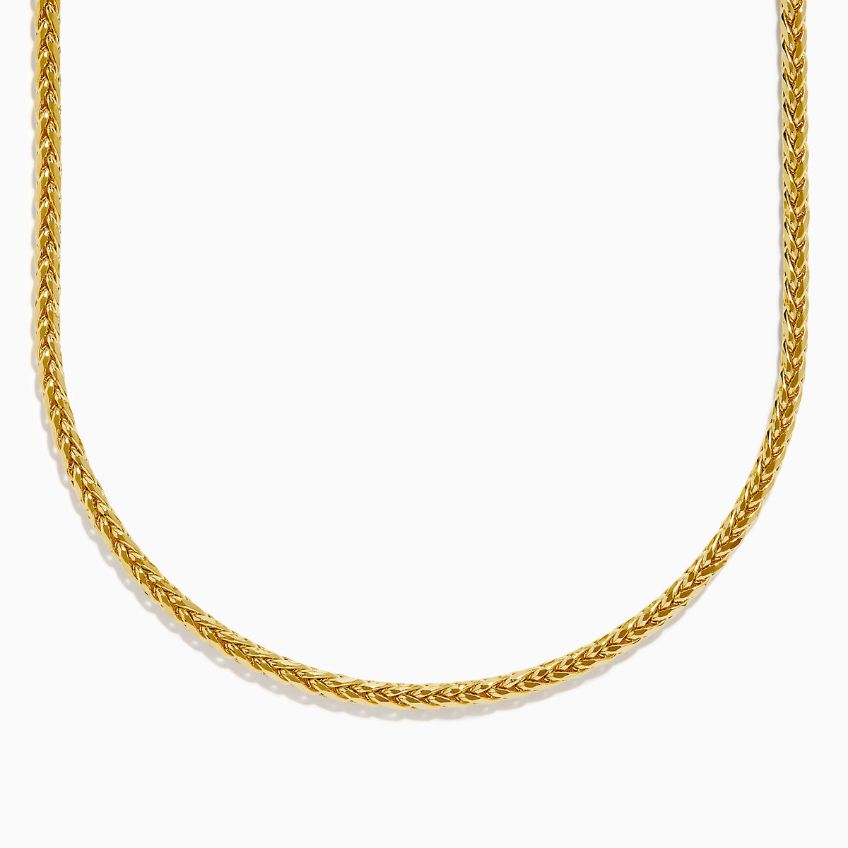 A 14K yellow gold 8 sided palmier chain necklace, 4mm in width and 18" long, is elegantly displayed in a gentle U-shape against a plain white background.