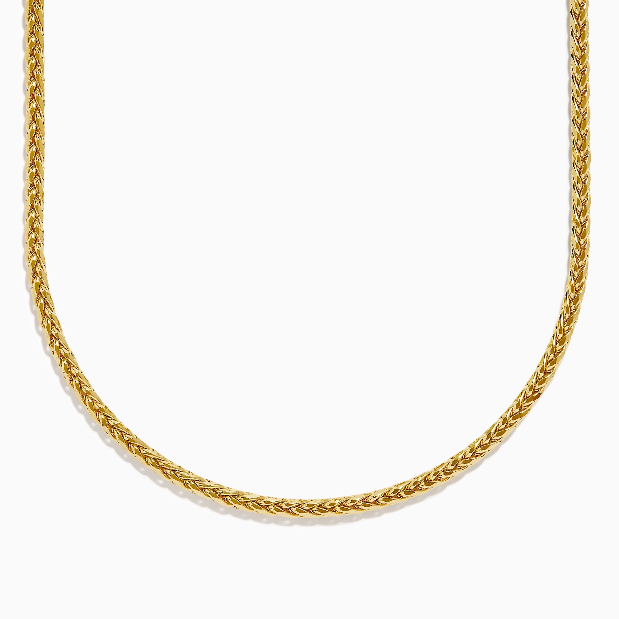 A 14K yellow gold 8 sided palmier chain necklace, 4mm in width and 18" long, is elegantly displayed in a gentle U-shape against a plain white background.