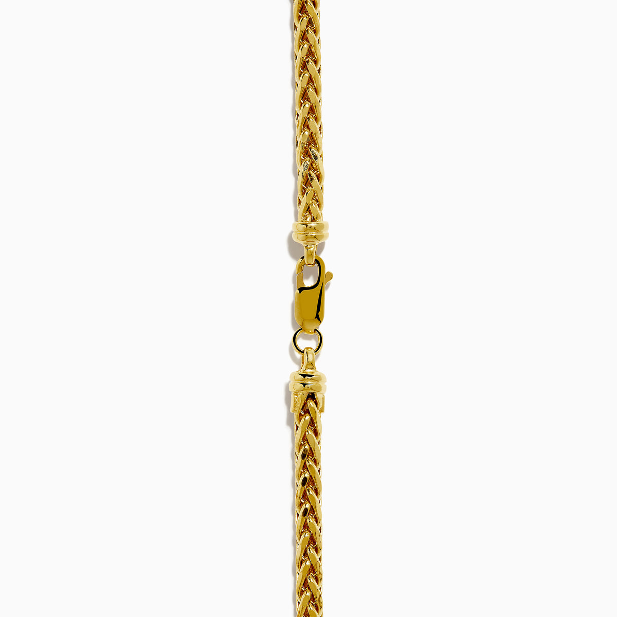 A 14K yellow gold 8 sided palmier chain necklace, 4mm in width and 18" long, is elegantly displayed in a gentle U-shape against a plain white background.