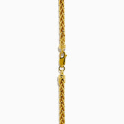 A 14K yellow gold 8 sided palmier chain necklace, 4mm in width and 18" long, is elegantly displayed in a gentle U-shape against a plain white background.