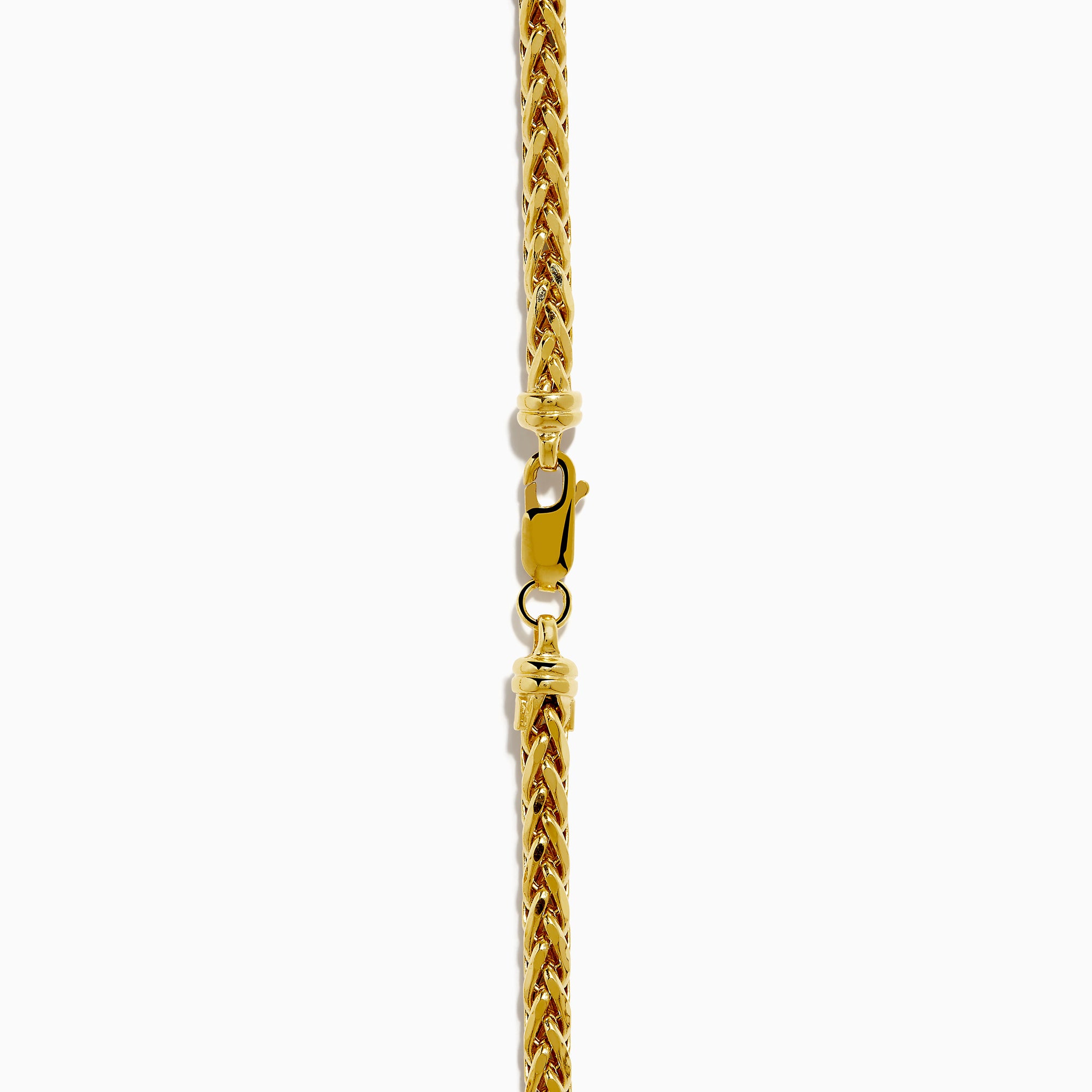 A 14K yellow gold 8 sided palmier chain necklace, 4mm in width and 18" long, is elegantly displayed in a gentle U-shape against a plain white background.