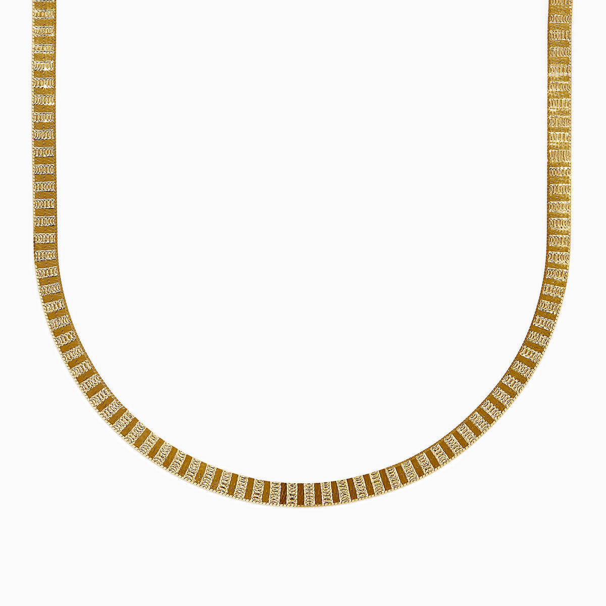 The 14K Yellow Gold Textured Herringbone Chain Necklace 17 features a flat, smooth, and wide U-shaped design displayed against a white background.