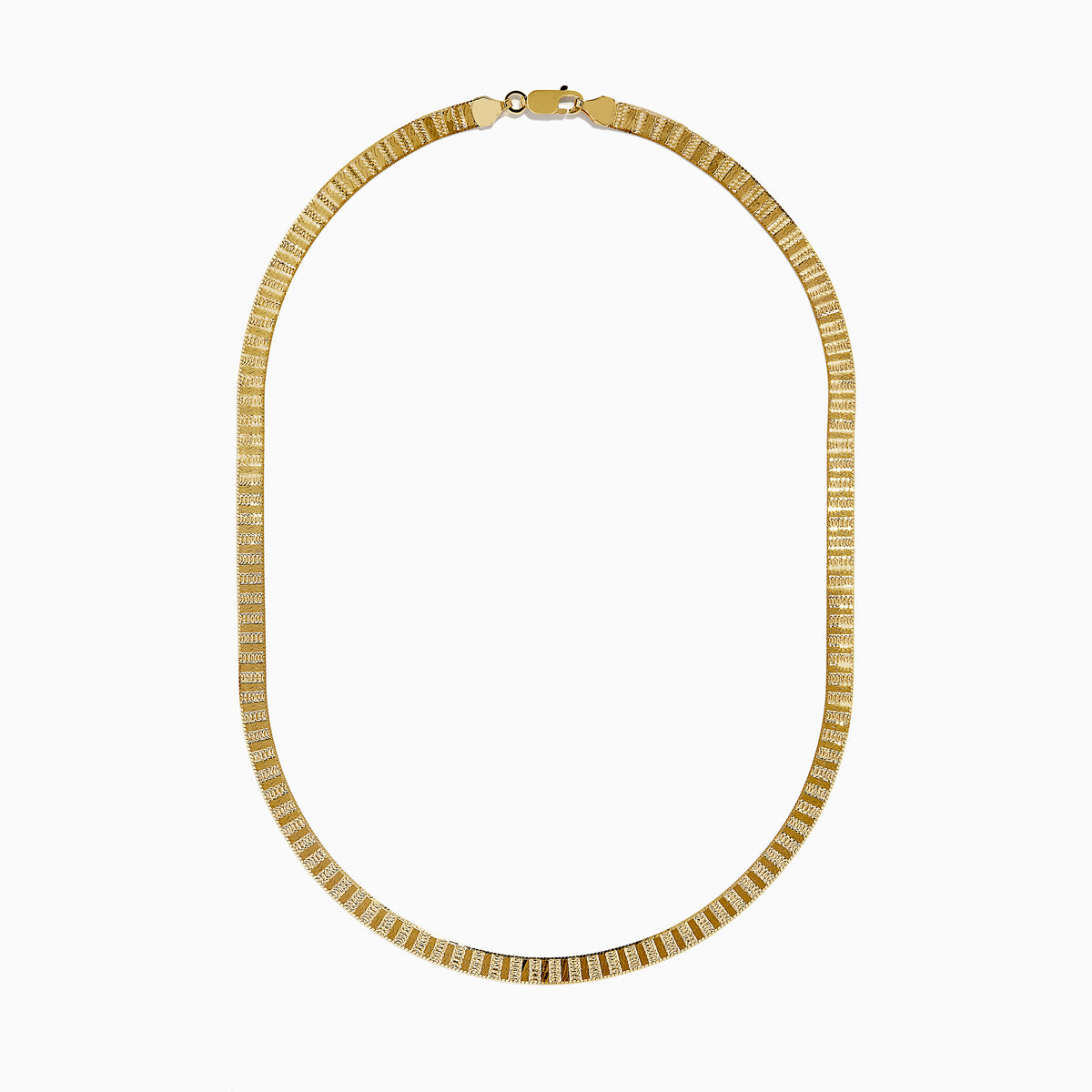 The 14K Yellow Gold Textured Herringbone Chain Necklace 17 features a flat, smooth, and wide U-shaped design displayed against a white background.