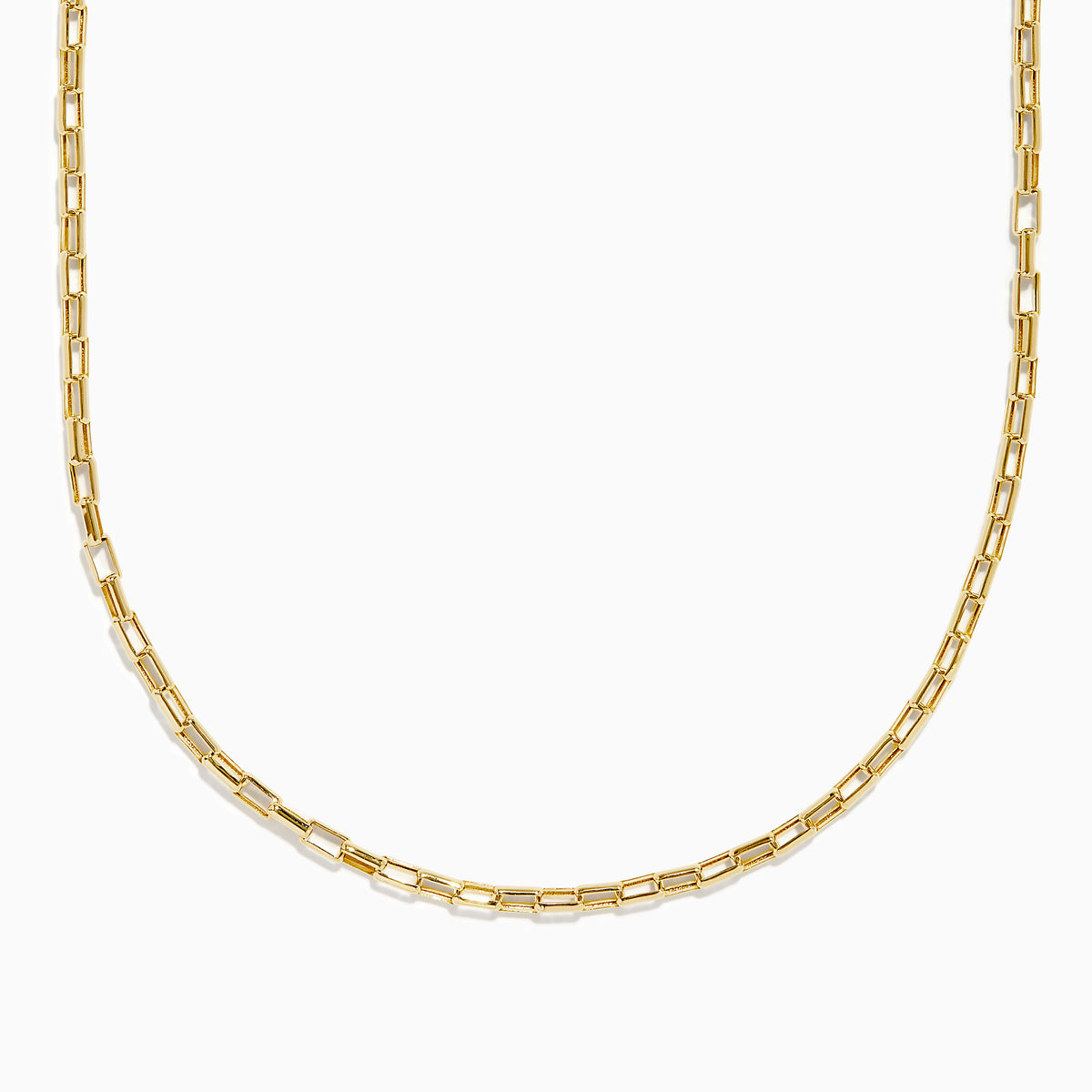 The 14K Yellow Gold Hollow Rectangle Link Necklace features delicate, elongated rectangular links and is shown curved gently against a white background, emphasizing its simple, elegant design.