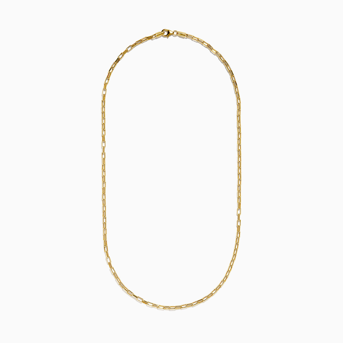 The 14K Yellow Gold Hollow Rectangle Link Necklace features delicate, elongated rectangular links and is shown curved gently against a white background, emphasizing its simple, elegant design.