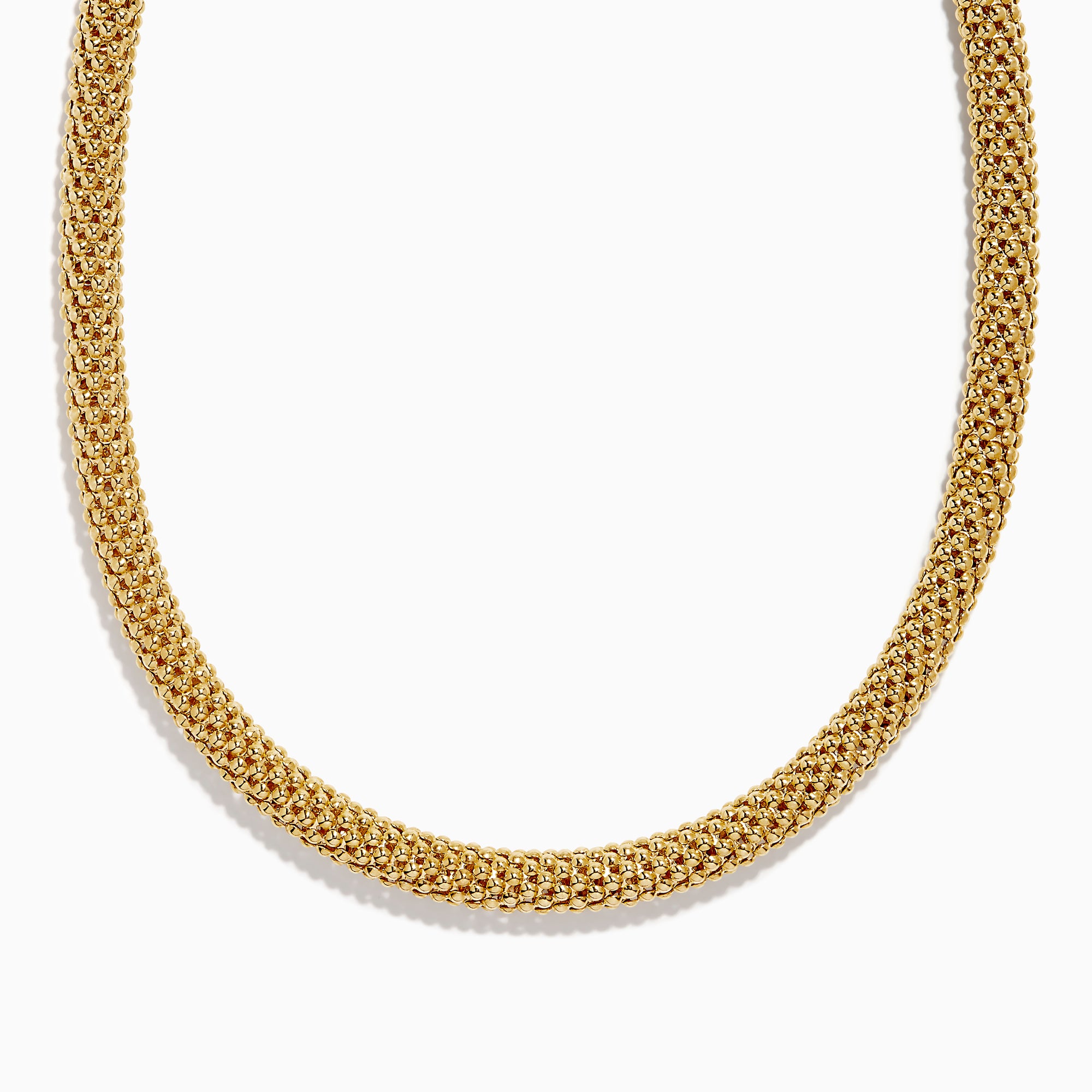 A close-up of the 14K Yellow Gold Hollow Popcorn Chain Necklace, 8.5 mm wide with a thick, woven design, is shown against a white background, featuring only the lower half of the necklace.