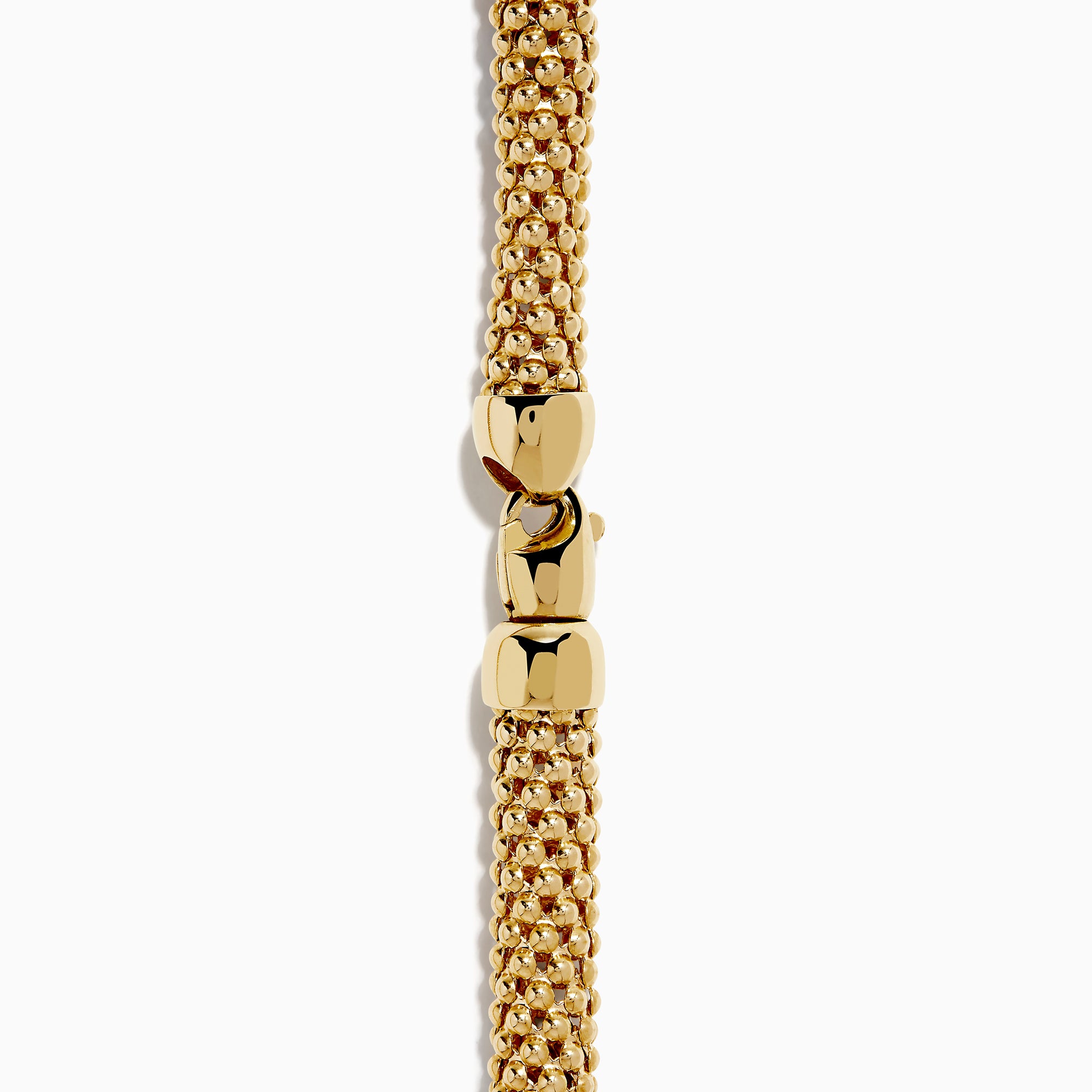 A close-up of the 14K Yellow Gold Hollow Popcorn Chain Necklace, 8.5 mm wide with a thick, woven design, is shown against a white background, featuring only the lower half of the necklace.