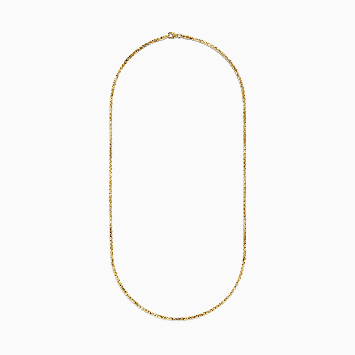 The Men's 14K Yellow Gold Hollow Box Chain Necklace 22" is displayed against a white background in a U-shape, highlighting its delicate, shiny links.