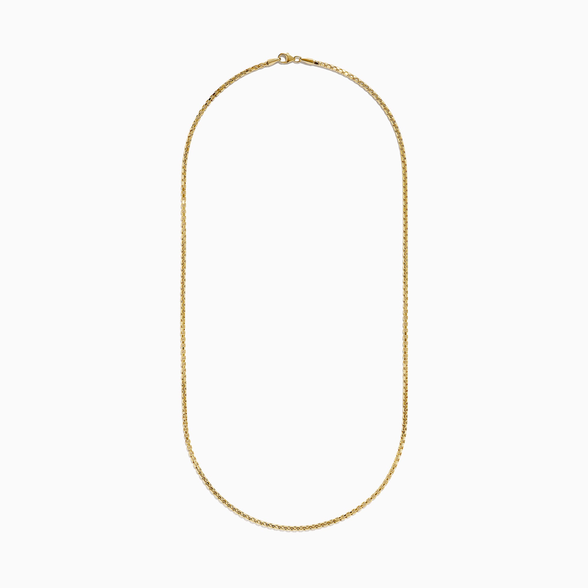 The Men's 14K Yellow Gold Hollow Box Chain Necklace 22" is displayed against a white background in a U-shape, highlighting its delicate, shiny links.