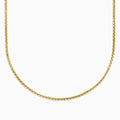 The Men's 14K Yellow Gold Hollow Box Chain Necklace 22" is displayed against a white background in a U-shape, highlighting its delicate, shiny links.