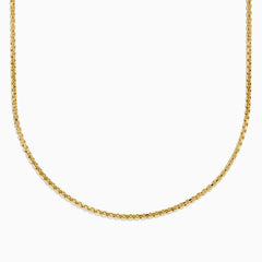 The Men's 14K Yellow Gold Hollow Box Chain Necklace 22" is displayed against a white background in a U-shape, highlighting its delicate, shiny links.