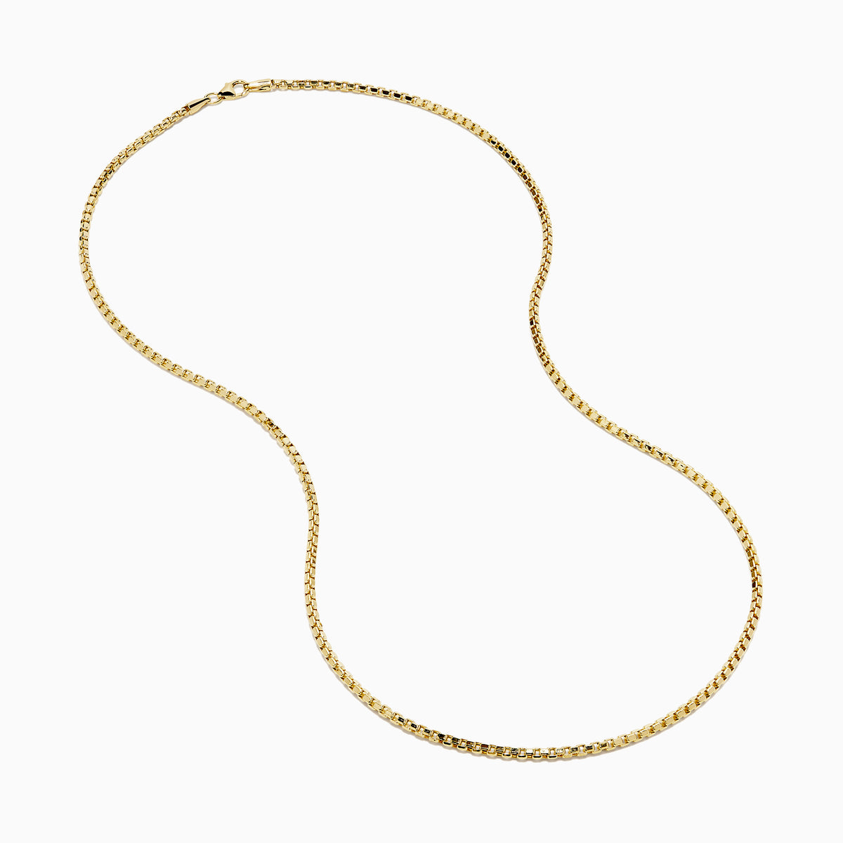 The Men's 14K Yellow Gold Hollow Box Chain Necklace 22" is displayed against a white background in a U-shape, highlighting its delicate, shiny links.