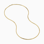 The Men's 14K Yellow Gold Hollow Box Chain Necklace 22" is displayed against a white background in a U-shape, highlighting its delicate, shiny links.