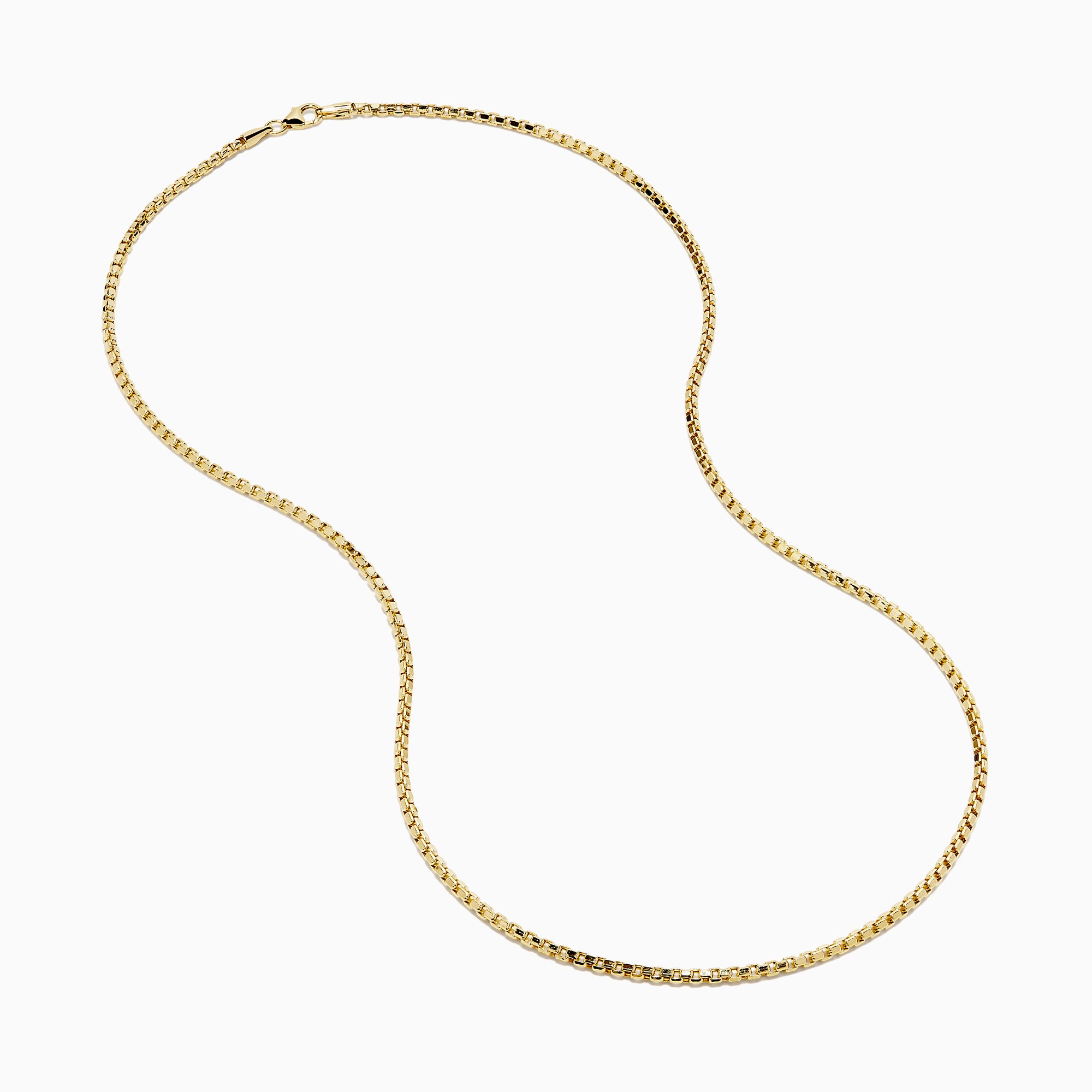 The Men's 14K Yellow Gold Hollow Box Chain Necklace 22" is displayed against a white background in a U-shape, highlighting its delicate, shiny links.