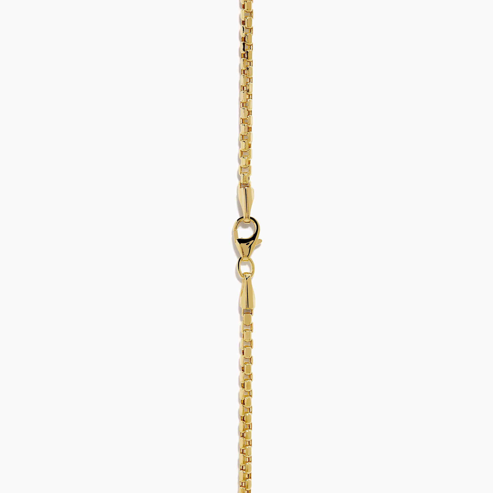 The Men's 14K Yellow Gold Hollow Box Chain Necklace 22" is displayed against a white background in a U-shape, highlighting its delicate, shiny links.