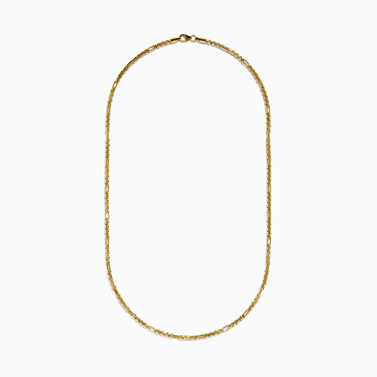 The Men's 14K Yellow Gold Alternate Round Box 2.5 mm Gauge Necklace is displayed against a white background. The chain forms a gentle curve, showcasing its shiny finish and distinctive repeating box pattern.