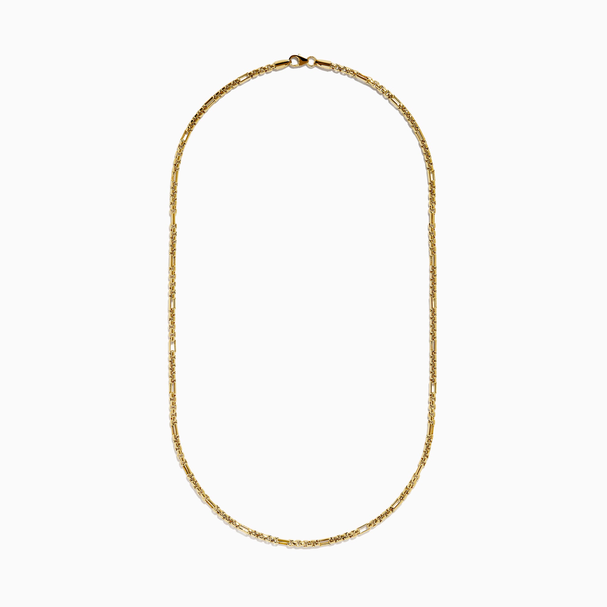 The Men's 14K Yellow Gold Alternate Round Box 2.5 mm Gauge Necklace is displayed against a white background. The chain forms a gentle curve, showcasing its shiny finish and distinctive repeating box pattern.