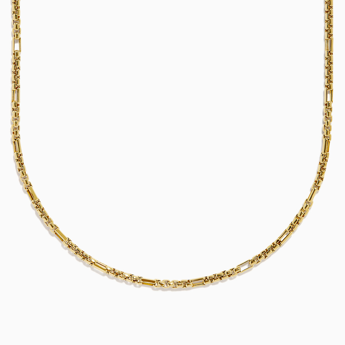 The Men's 14K Yellow Gold Alternate Round Box 2.5 mm Gauge Necklace is displayed against a white background. The chain forms a gentle curve, showcasing its shiny finish and distinctive repeating box pattern.