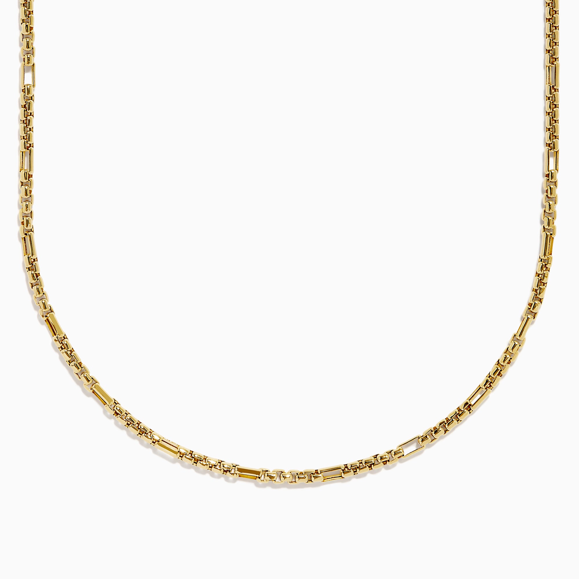 The Men's 14K Yellow Gold Alternate Round Box 2.5 mm Gauge Necklace is displayed against a white background. The chain forms a gentle curve, showcasing its shiny finish and distinctive repeating box pattern.